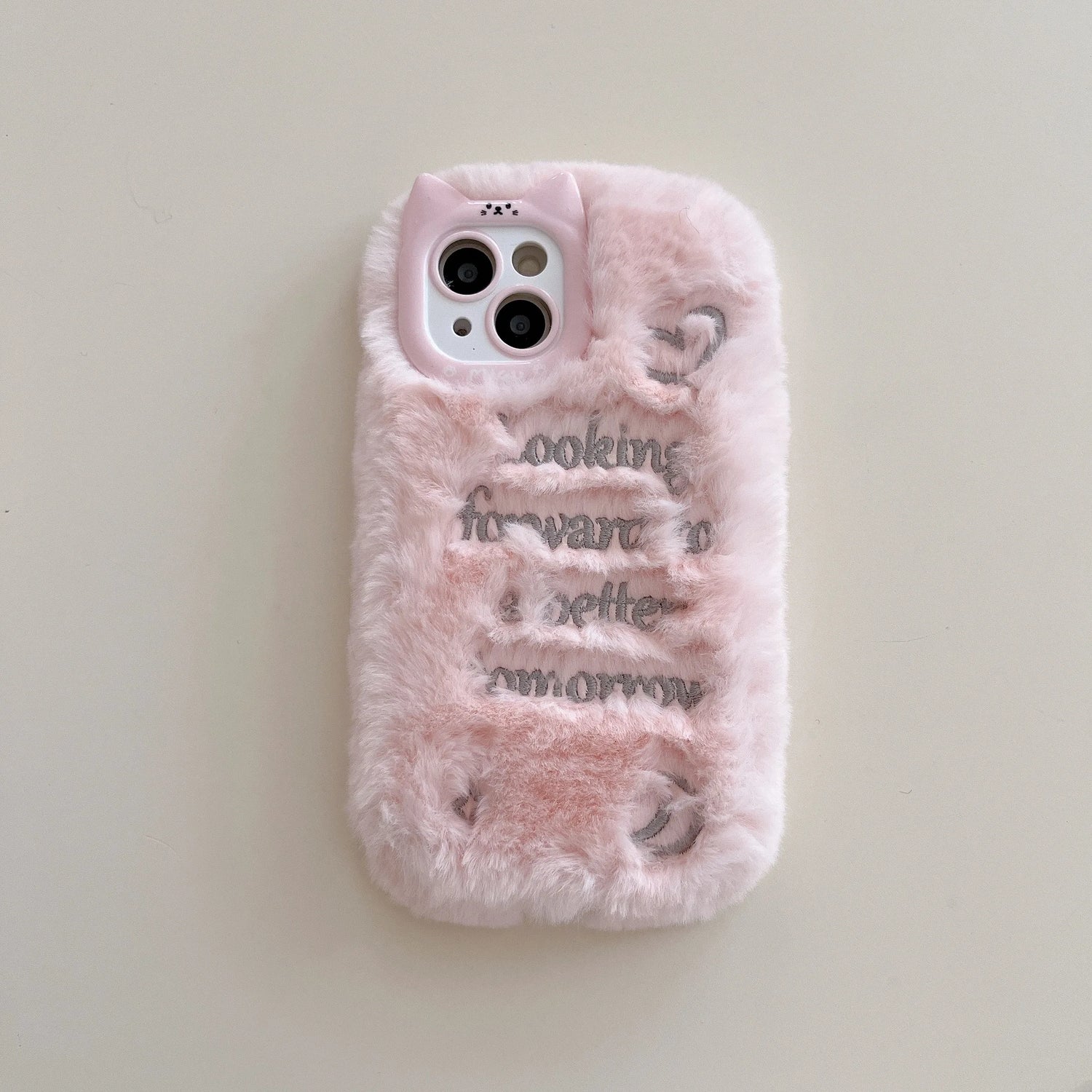 Cute Phone Cases For iPhone 16, 15, 14, 13 Pro Max - Pink &amp; White Fluffy with English Letter - Cat Ear Lens Frame - PC5330