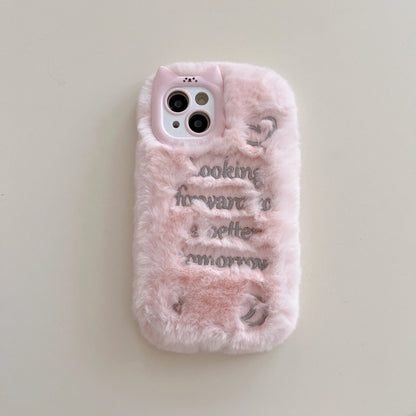 Cute Phone Cases For iPhone 16, 15, 14, 13 Pro Max - Pink &amp; White Fluffy with English Letter - Cat Ear Lens Frame - PC5330