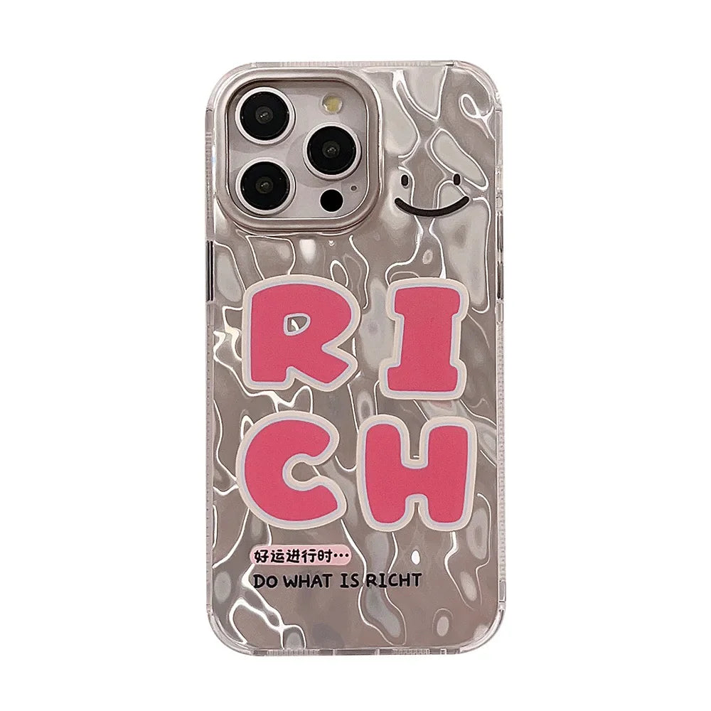 Cute phone Cases For iPhone 15, 14, 13, 12 Pro Max, 15 14 Plus - Pink Good Luck Rich Letters, Water Ripple Art Cover - IC7011