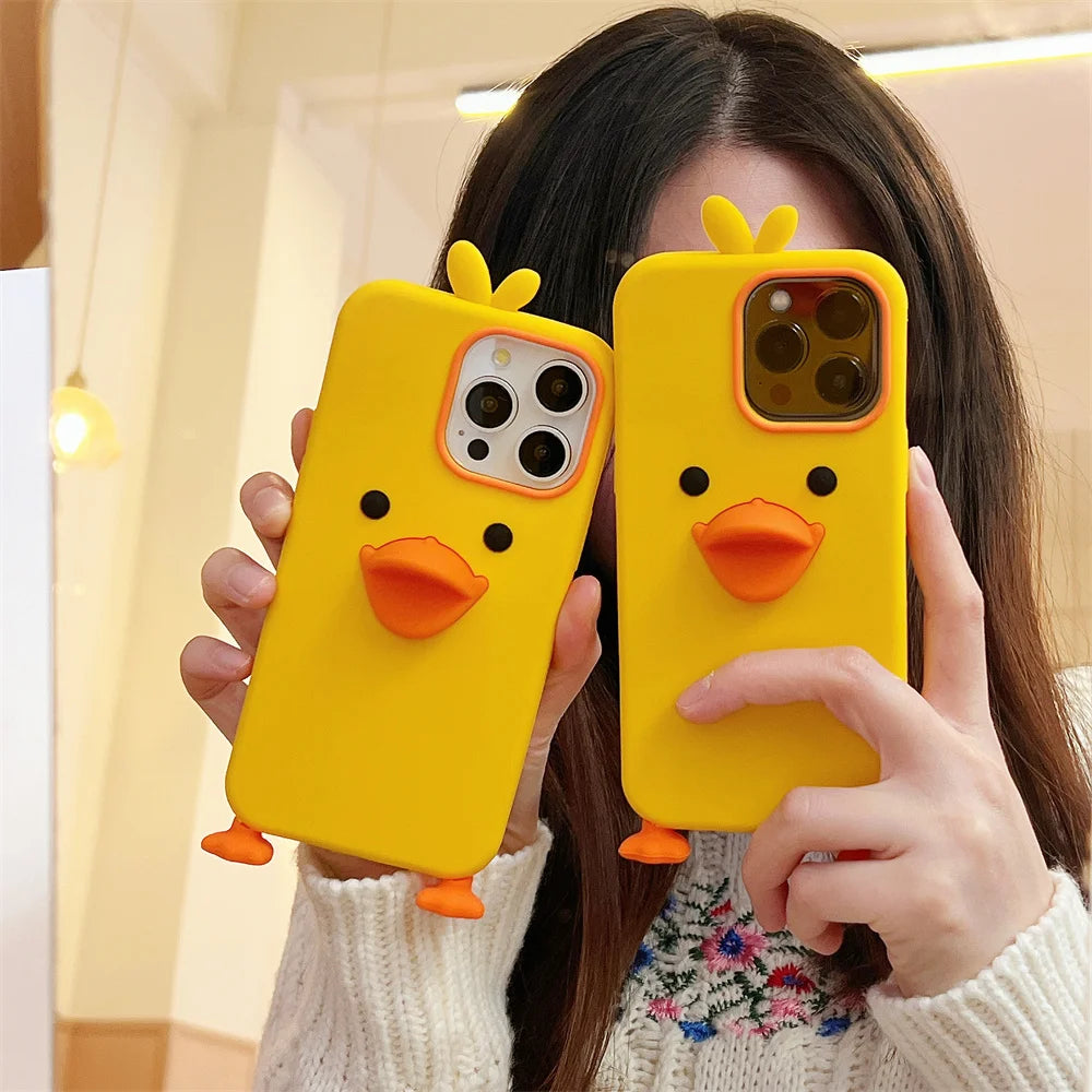 Cute Phone Cases For iPhone 16, 15, 14, 13, 12Mini, 11 Pro Max, 11 Plus, X, XR, XS - Soft Silicone 3d Little Yellow Duck - IC8021 - Touchy Style