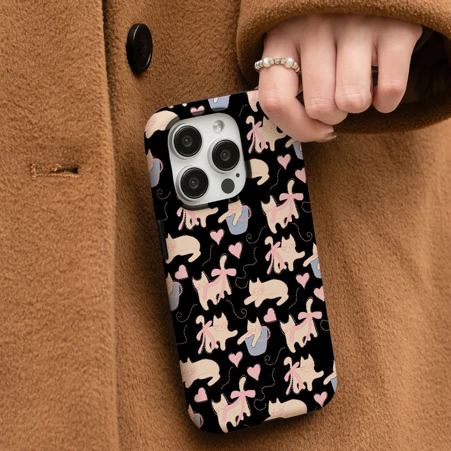 Cute Phone Cases For iPhone 15PRO MAX, 14, 13, 12, 11 PRO, 11 Plus, 15pro - Black Bowknot Cat Pattern - Acrylic TPU Cover - IC4010 - Touchy Style