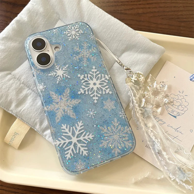 Cute Phone Cases For iPhone 16, 15, 14, 13 Pro Max - Winter Snowflake Shimmer, Glitter Transparent Pendant - IC7050