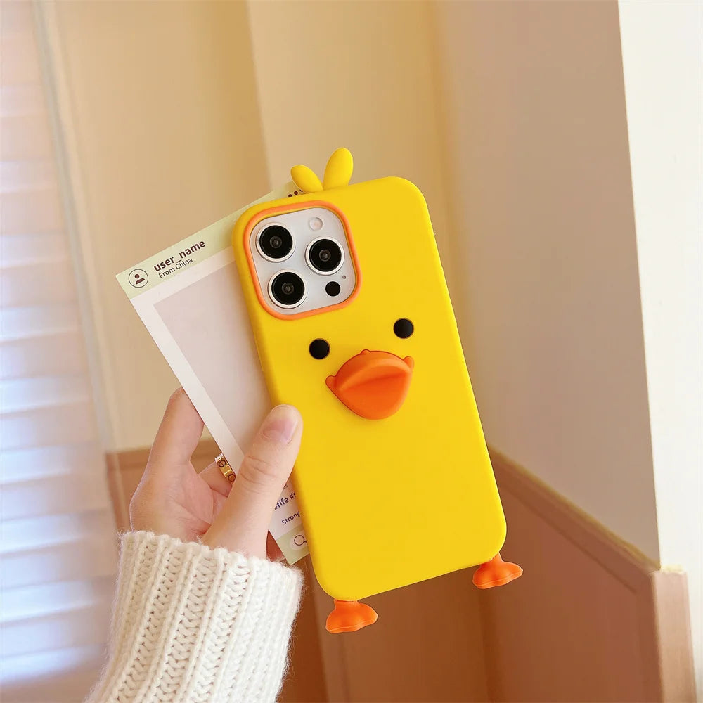 Cute Phone Cases For iPhone 16, 15, 14, 13, 12Mini, 11 Pro Max, 11 Plus, X, XR, XS - Soft Silicone 3d Little Yellow Duck - IC8021