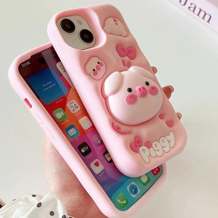 Cute Phone Cases for iPhone 15 Pro Max, 14, 13, 12, and 11 - Funny Pig Piggy, Telescopic Bracket - TSP284