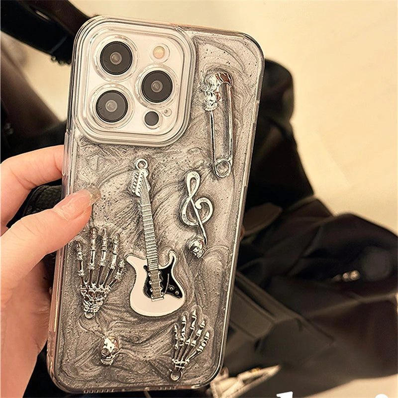 Cute Phone Cases for iPhone 15, 14, 13, and 12 Pro Max - Skull Guitar, Epoxy Back Cover - TSP461