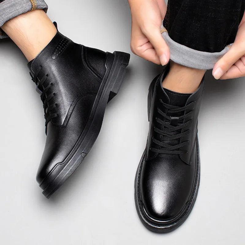 Black Leather Thick Ankle Boots - KA3094 Men&