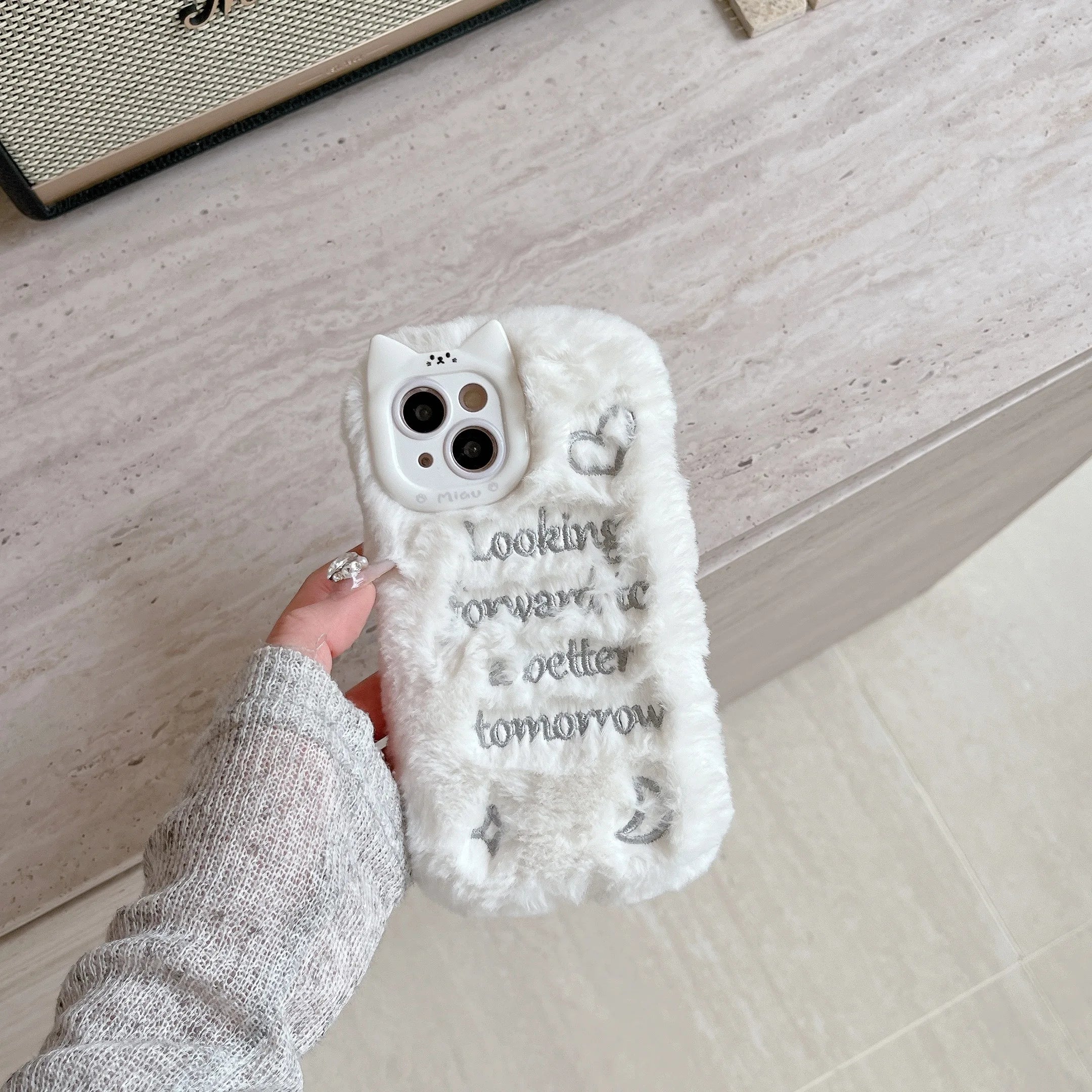 Cute Phone Cases For iPhone 16, 15, 14, 13 Pro Max - Pink &amp; White Fluffy with English Letter - Cat Ear Lens Frame - PC5330