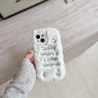 Cute Phone Cases For iPhone 16, 15, 14, 13 Pro Max - Pink &amp; White Fluffy with English Letter - Cat Ear Lens Frame - PC5330