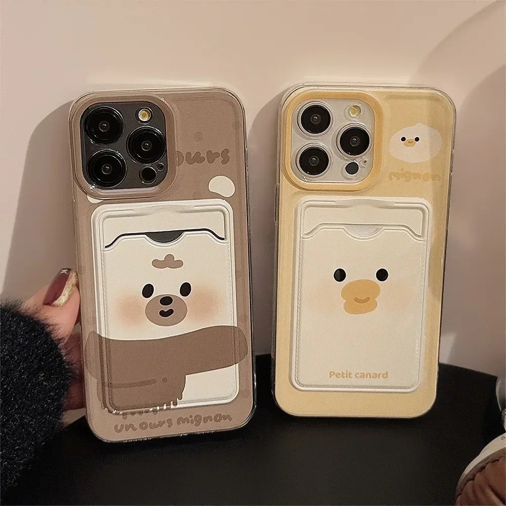 Cute Phone Cases For iPhone 16, 15, 14, 13, 12, 11 Pro Max, Xr, 16 Plus - Funny Photo Card Holder - Scarf Bear duck Pattern - IP6490 - Touchy Style