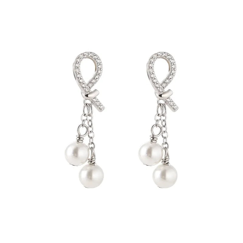 925 Sterling Silver Earring Charm Jewelry - Pearl Tassels Chain Sweet Bow - E6420