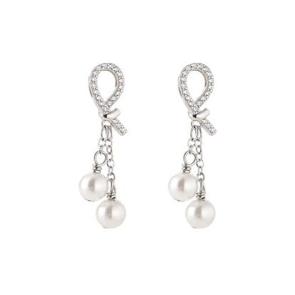 925 Sterling Silver Earring Charm Jewelry - Pearl Tassels Chain Sweet Bow - E6420