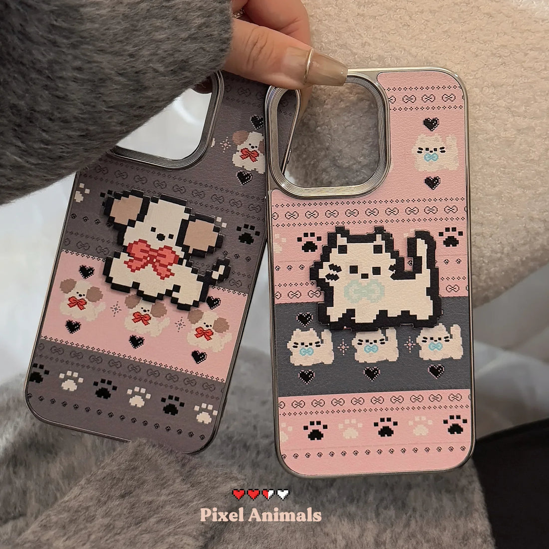 Cute Phone Cases For iPhone 16, 15, 14, 13, 12, 11 Pro Max - Pet Cat, Puppy Pixel Stick Plating Art - IC4050