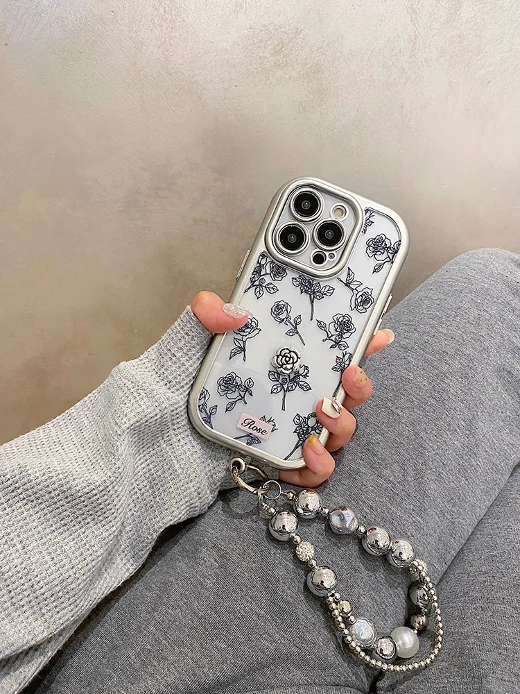 Cute Phone Cases: 3D Black Rose Flowers Silver Bumper Clear Back Cover for iPhone 11-15 Pro Max - TSP312