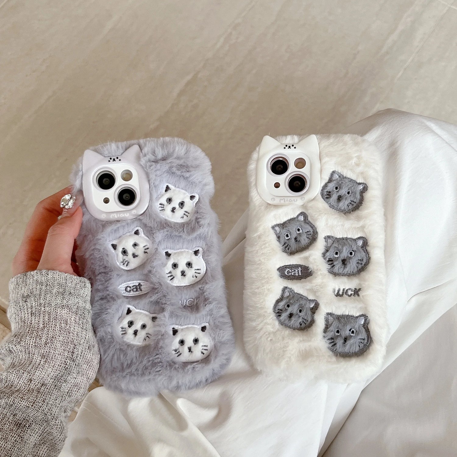 Cute Phone Cases For iPhone 16, 15, 14, 13 Pro Max - Grey &amp; White Fluffy Cat Pattern - Cat Ear Lens Frame - PC6430