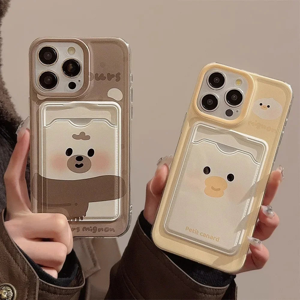 Cute Phone Cases For iPhone 16, 15, 14, 13, 12, 11 Pro Max, Xr, 16 Plus - Funny Photo Card Holder - Scarf Bear duck Pattern - IP6490