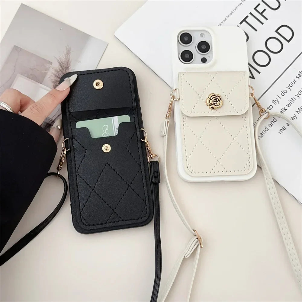 Cute Phone Cases for iPhone 16 Pro Max, 15, 14 Plus, 13, 12, 11, XS, XR, X - Crossbody Lanyard Leather Cover - PC02