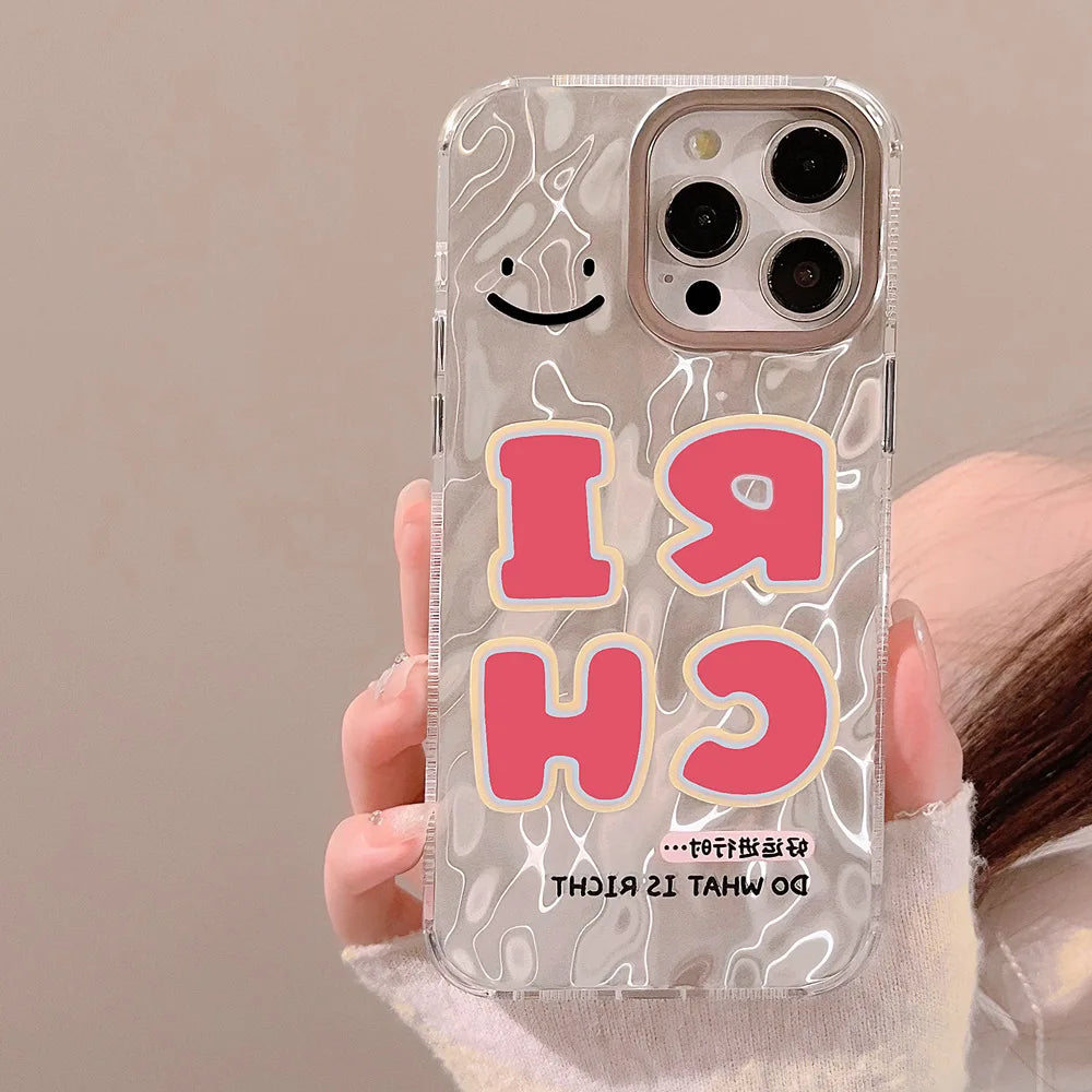 Cute phone Cases For iPhone 15, 14, 13, 12 Pro Max, 15 14 Plus - Pink Good Luck Rich Letters, Water Ripple Art Cover - IC7011