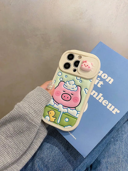 Cute Phone Cases: Cartoon Pig Lens Protector Case with Bracelet for iPhone 15/14/13/12 Pro Max - TSP314