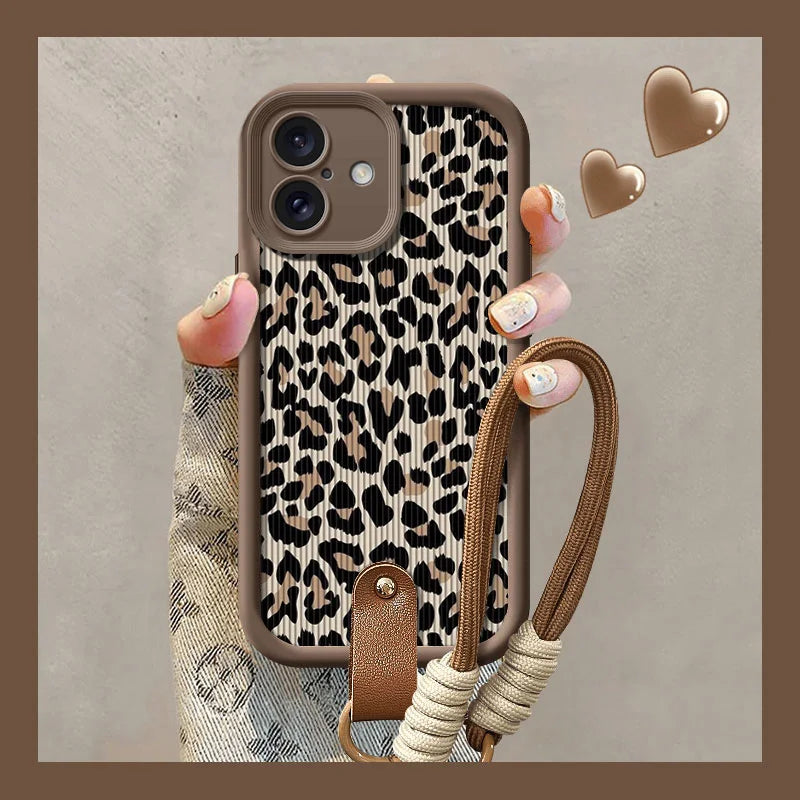 Cute Phone Cases For iPhone 7, 8, 8 Plus, X, XR, XS, XS Max, 11, 12, 13, 14, 15, and 16, Pro and Pro Max - Leopard Pattern with Wrist Strap - TSP474