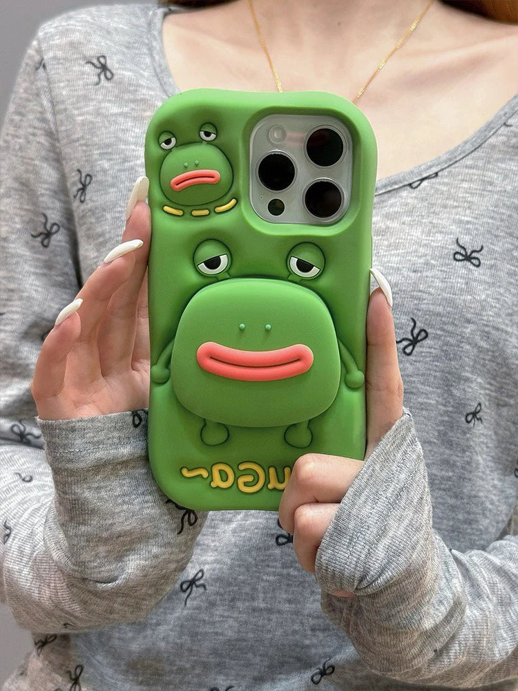 Cute Phone Cases For iPhone 11, 12, 13, 14, and 15 Pro Max - Funny 3D Big Mouth Frog - Hidden Holder - TSP273