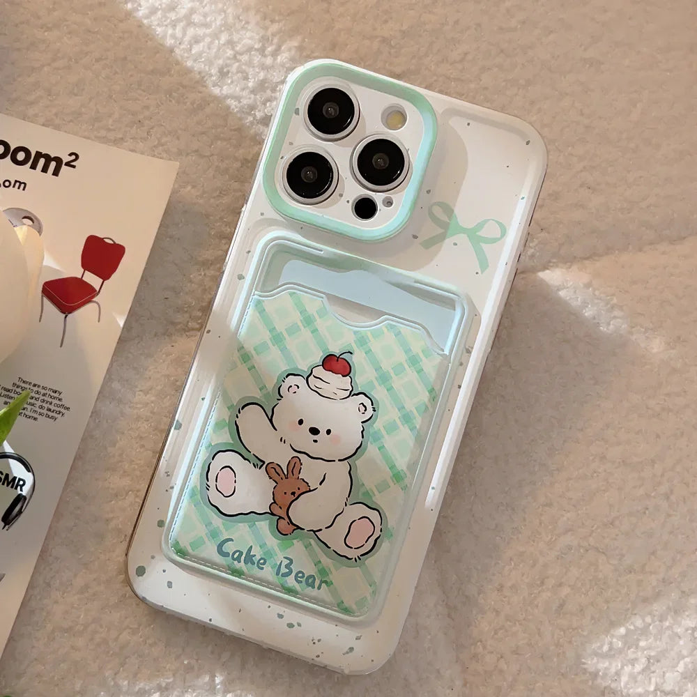 Cute Phone Cases For iPhone 16, 15, 14, 13 Pro Max, Xr, 15, 14, 16 Plus - Cherry Cake Bear Doll - Green plaid Photo Card Holder - IC5320