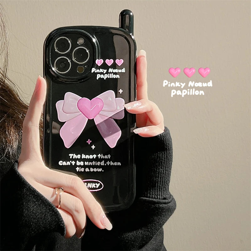 Cute Phone Cases for iPhone 14, 13, 12, 11 Pro Max, or 14 Plus - Black Cover with Pink Bow - TSP448