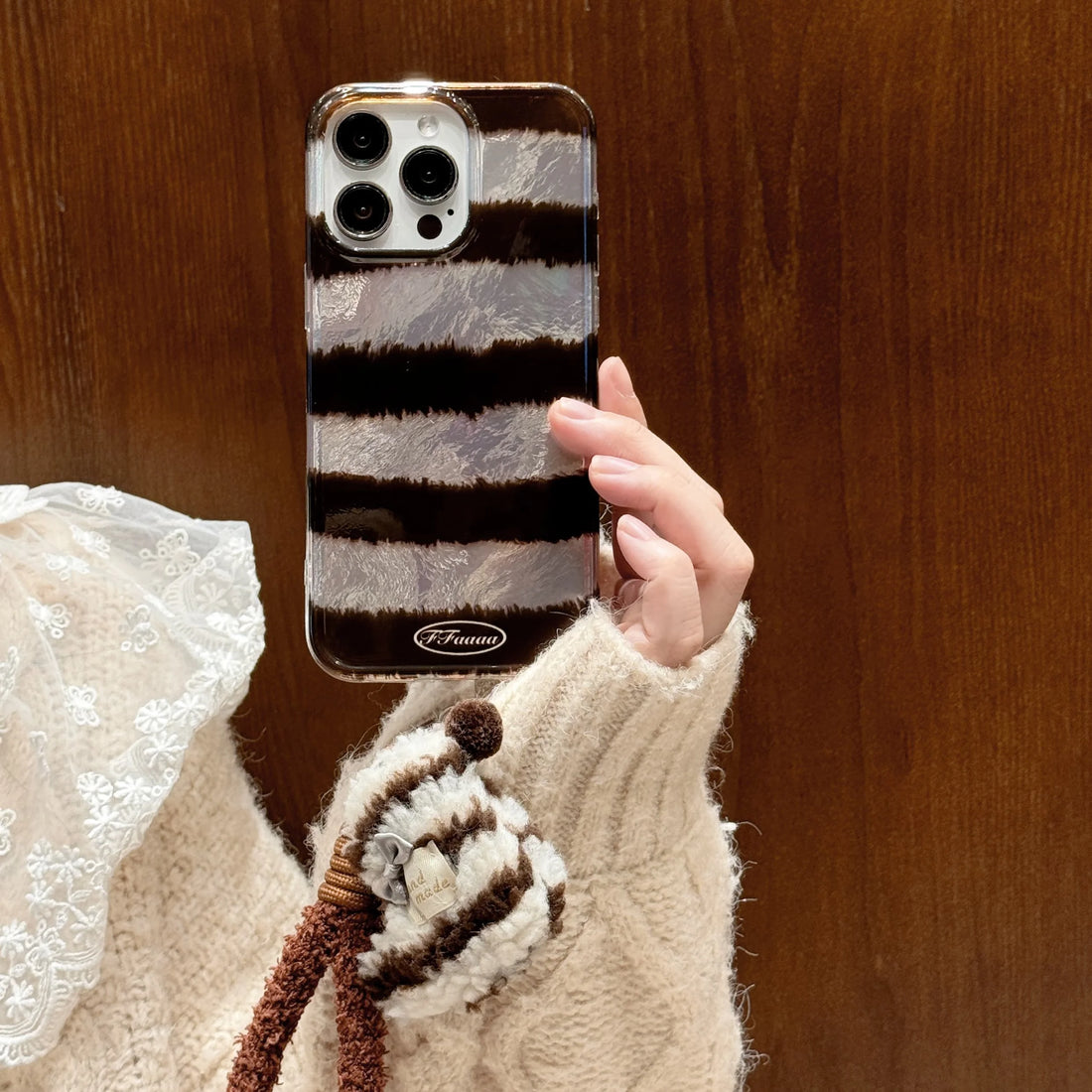 Cute Phone Cases For iPhone 16, 15, 14, 13 Pro Max - Creative Laser Brown Stripes with Fluffy Socks Wrist Band - PC6130 - Touchy Style