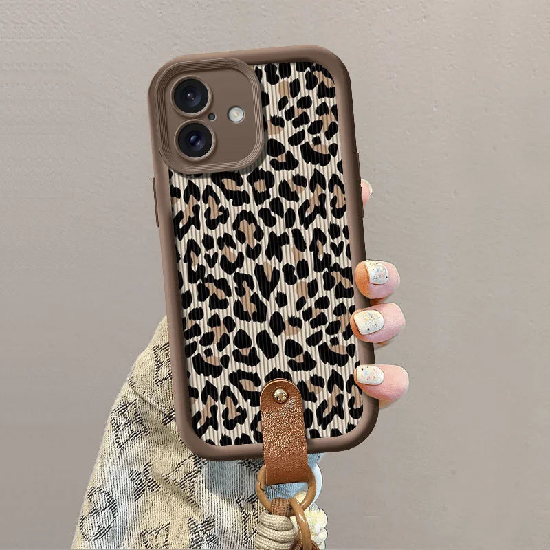 Cute Phone Cases For iPhone 7, 8, 8 Plus, X, XR, XS, XS Max, 11, 12, 13, 14, 15, and 16, Pro and Pro Max - Leopard Pattern with Wrist Strap - TSP474