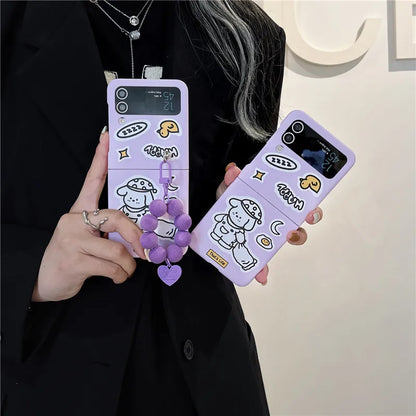 TSP76 Cute Phone Cases For Galaxy Z Flip 3 4 Flip4 5G - Cartoon Purple Cover With Lanyard