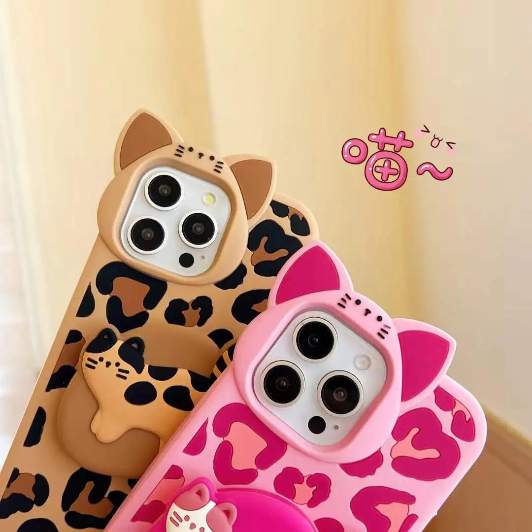 Cute Phone Cases - 3D Heart Leopard and Printed Cat Bracket - Cat Ears Kitten Camera Protection Cover - IC5021 - Touchy Style