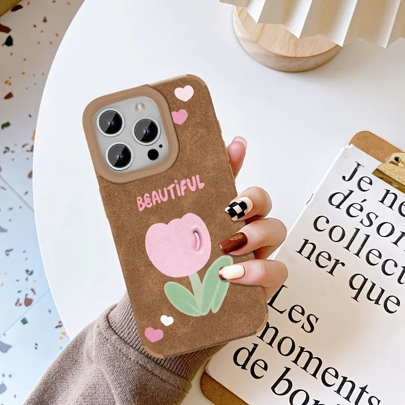 Cute Phone Cases For iPhone 11 12 13 Pro Max 14 15 16 Plus XS X XR 16 - Tulip Flower Pattern - Leather Bumper Cover