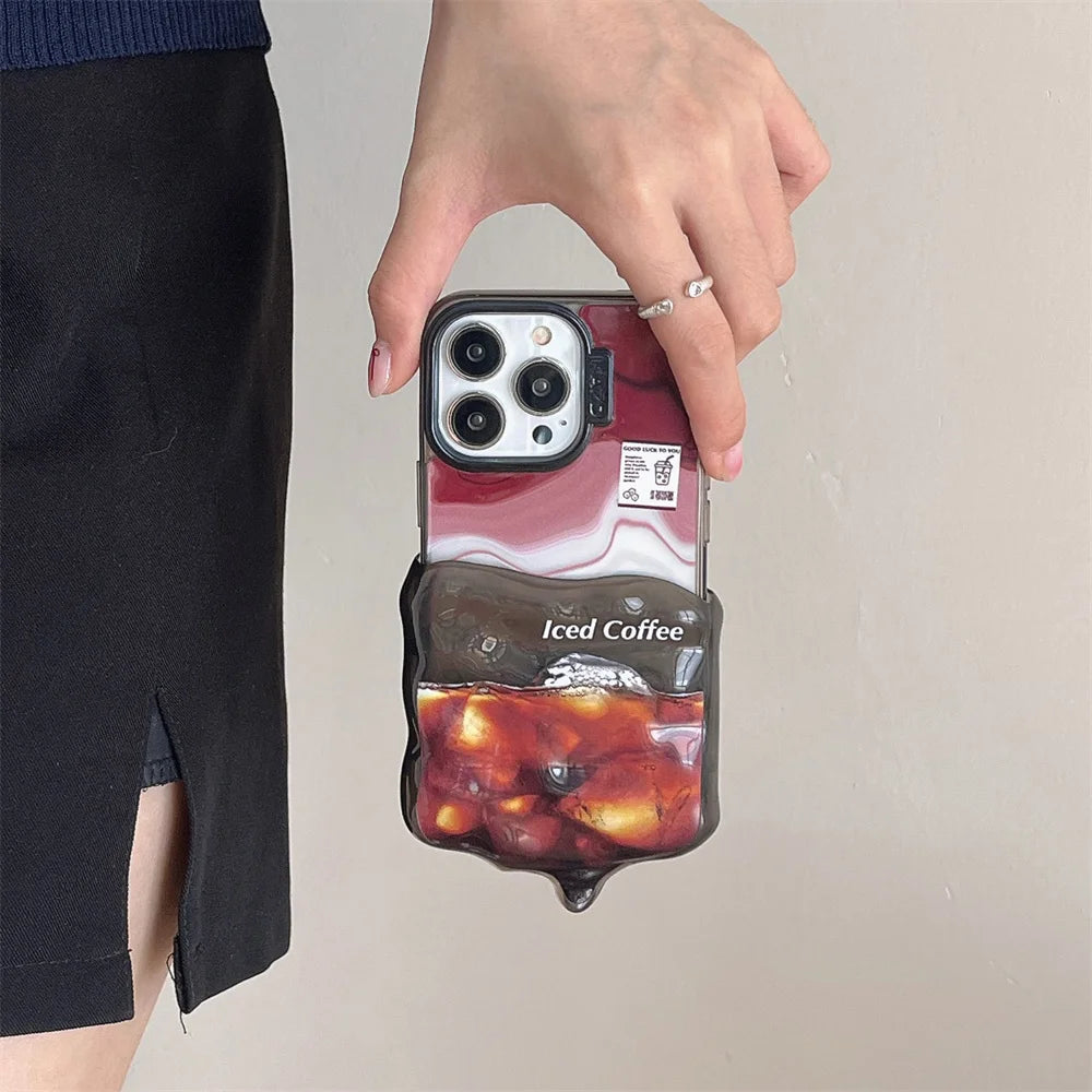 Cute Phone Cases for iPhone 15, 14, 13, 12 Pro Max - 3D Melting Double Layer 2-in-1 Iced Coffee - TSP335