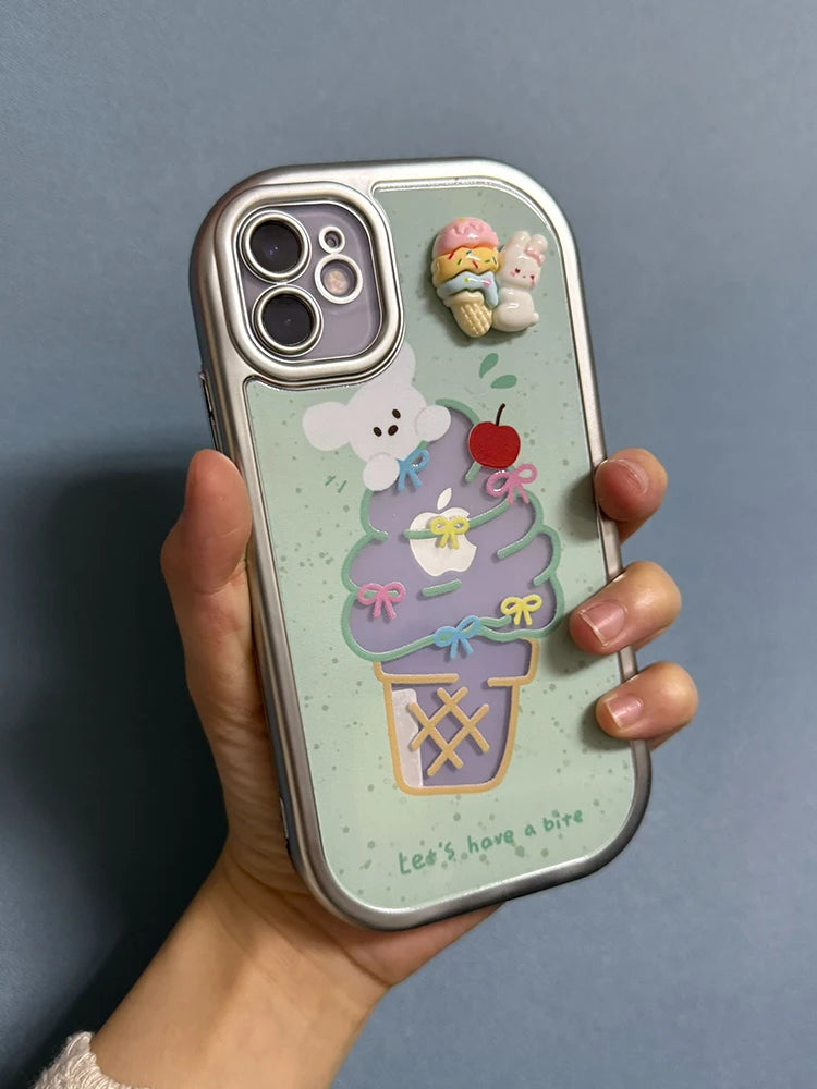 Cute Phone Cases: Sweet Ice Cream Bunny Silver Bumper for iPhone 15/14/13/12 Pro Max - TSP315