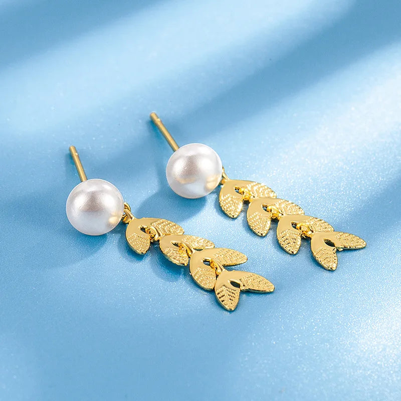 Drop Earrings Charm Jewelry - Golden Leafs with Pearl - TSJ139