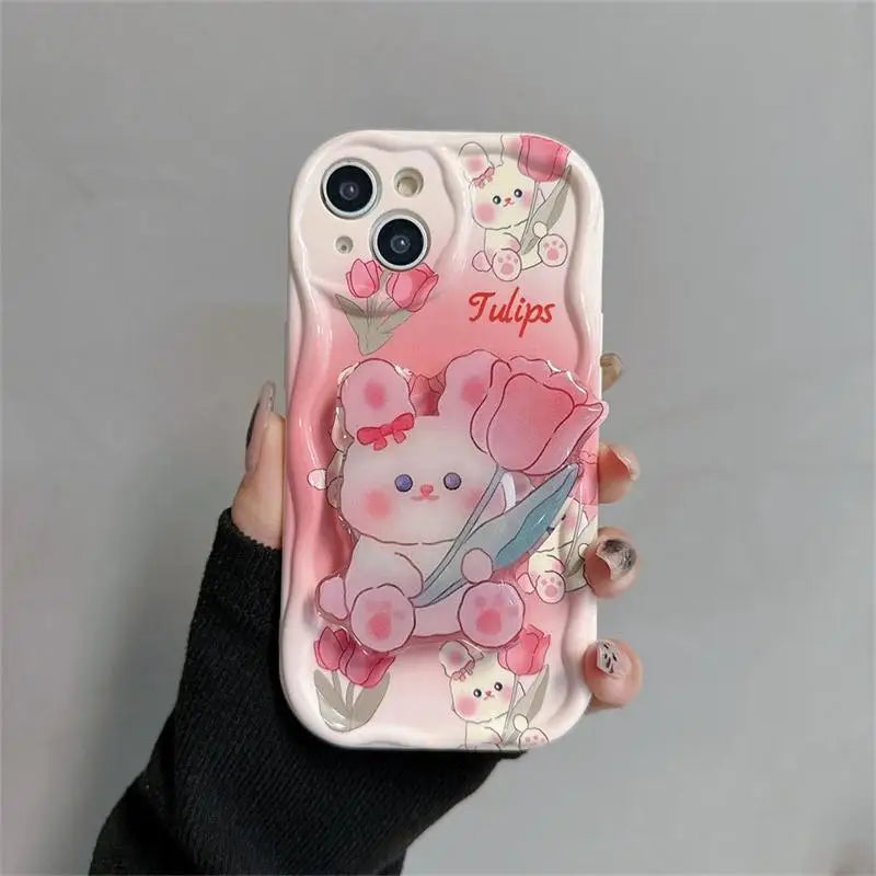 Pink Tulip Rabbit Cute Phone Case With Holder For iPhone 15, 14 Plus, 7, 8, X, XS, XR, 11, 12, and 13 Pro Max - B Pattern