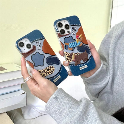 Cute Phone Cases: Embroidery Dachshund Puppy Denim Leopard Art for iPhone 15, 14, 13, 12 Pro Max - TSP376