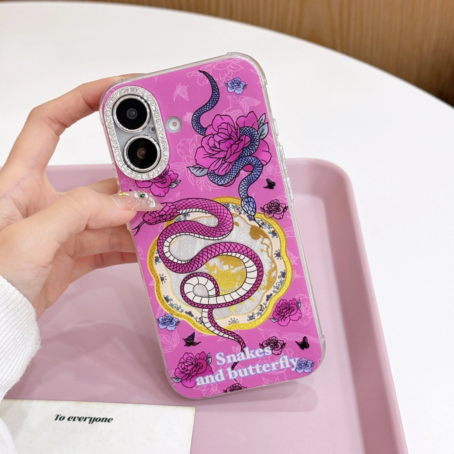 Cute Phone Cases For iPhone 16, 15, 14, 13 Pro Max - Rose Pink Snake &amp; Roses - Lens Protection Chic Back Cover - PC9140