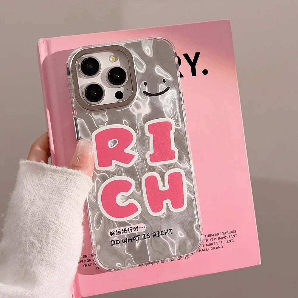 Cute phone Cases For iPhone 15, 14, 13, 12 Pro Max, 15 14 Plus - Pink Good Luck Rich Letters, Water Ripple Art Cover - IC7011