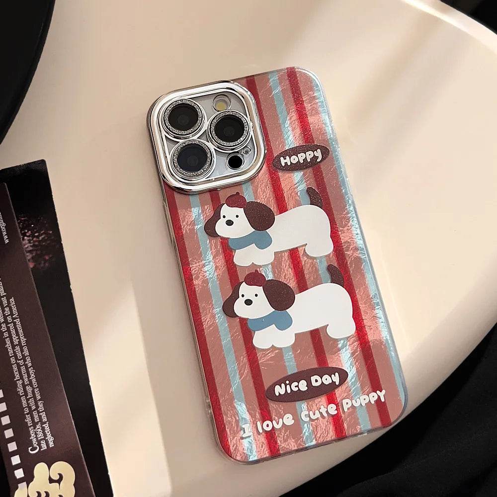 Cute Phone Cases For iPhone 16, 15, 14, 13, 12, 11 Pro Max, 16 Plus - Cartoon Puppy - Stripes Art - Bell Plush Ball Pendant - CC1240 - Touchy Style