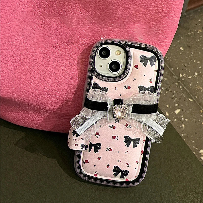 Cute Phone Cases for iPhone 15, 14, 13, 12, and 11 Pro - 3D Bowknot, Leather Cover- TSP456