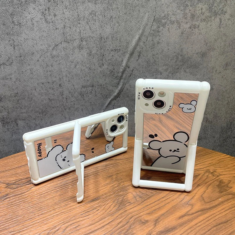 Cute Phone Cases - White Puppy Dog Makeup Mirror with Kickstand for iPhone 11-15 Pro Max - TSP297