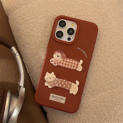 Cute Phone Case for iPhone 16, 15, 14, 13, and 12 Pro Models – Cartoon 3D Polka Dot Lattice Dog &amp; Cat – TSP437