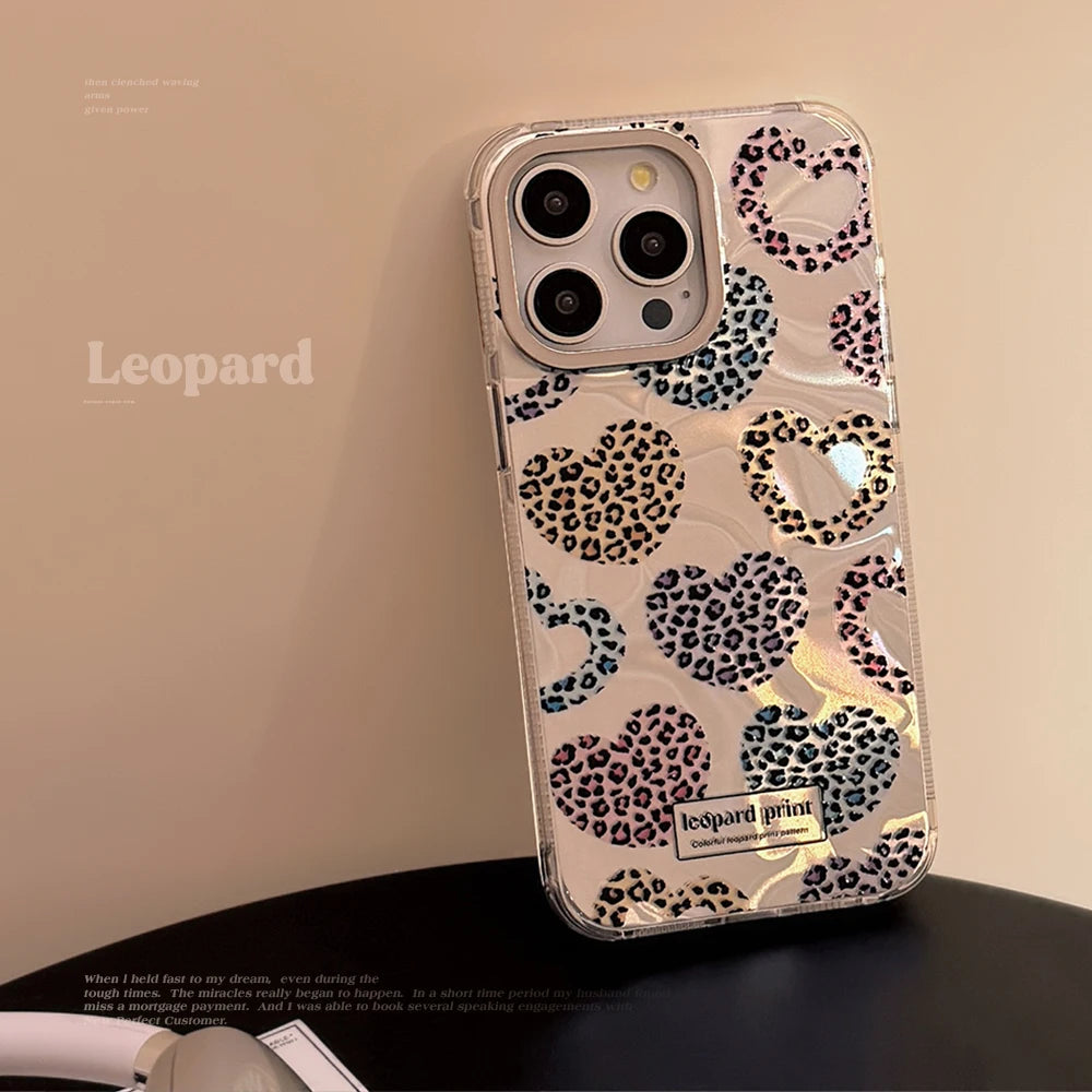 Cute Phone Cases: Leopard Print Love Heart IMD Silicone for iPhone 12-15 Pro Max - TSP299