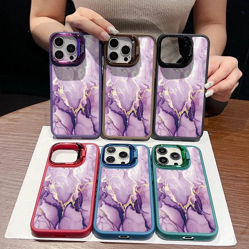 Cute Phone Cases For iPhone 16, 15 Pro Max, 14, 15 Plus, 13, 12 Pro Max, 11 - Lens Frame Holder - Purple Marble Printed Cover - PC6120 - Touchy Style