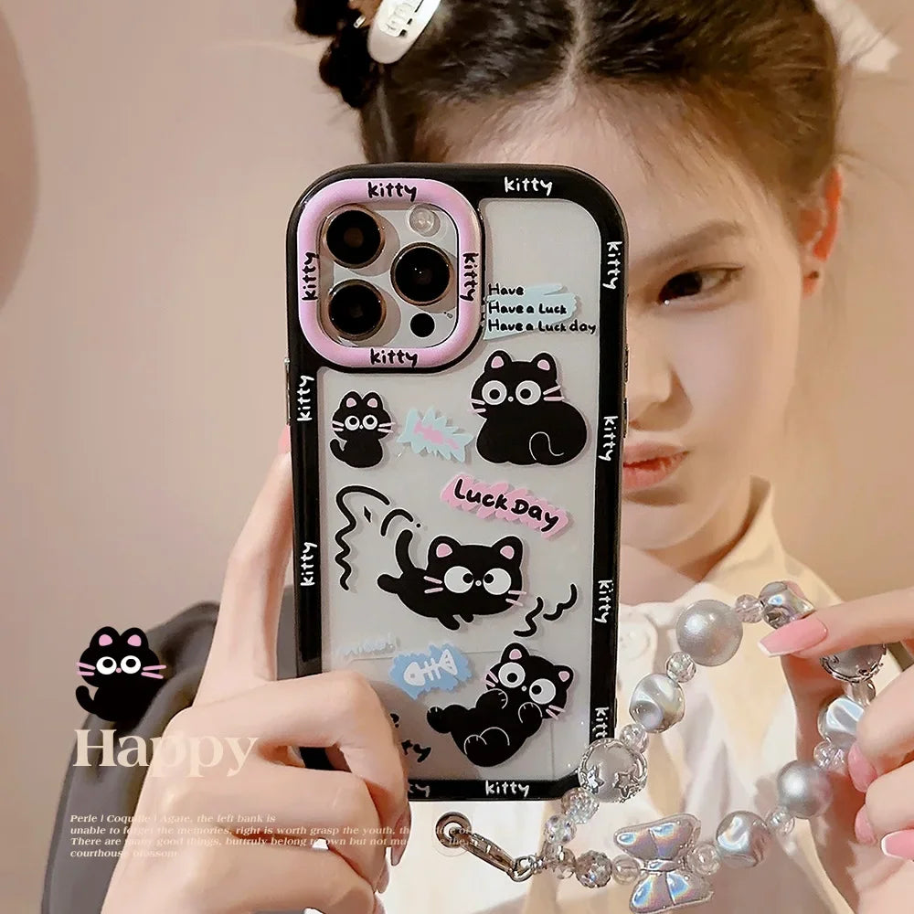 Cute Phone Cases For iPhone 16, 15, 14, 13, 12, 11 Pro Max, Xr, 16 Plus - Funny Black Cat Cartoon Cover with Wristchain - IC9420