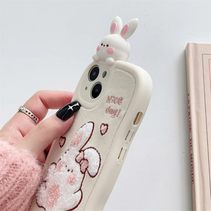 Cute Phone Cases - 3D Plush Rabbit Doll with Pearl Crossbody Strap for iPhone 11-15 Pro Max - TSP293