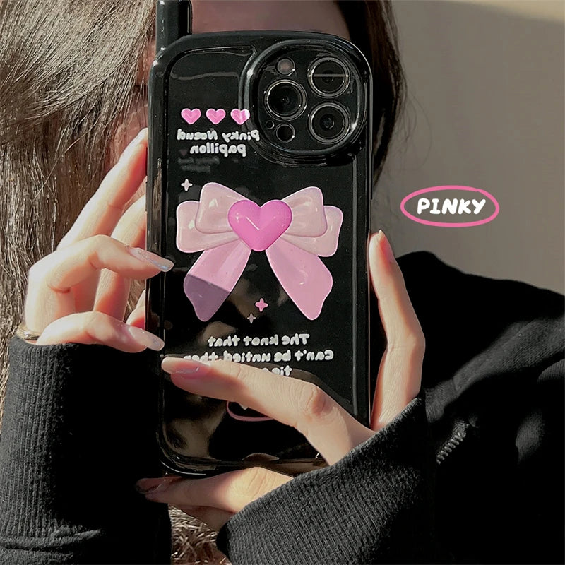 Cute Phone Cases for iPhone 14, 13, 12, 11 Pro Max, or 14 Plus - Black Cover with Pink Bow - TSP448