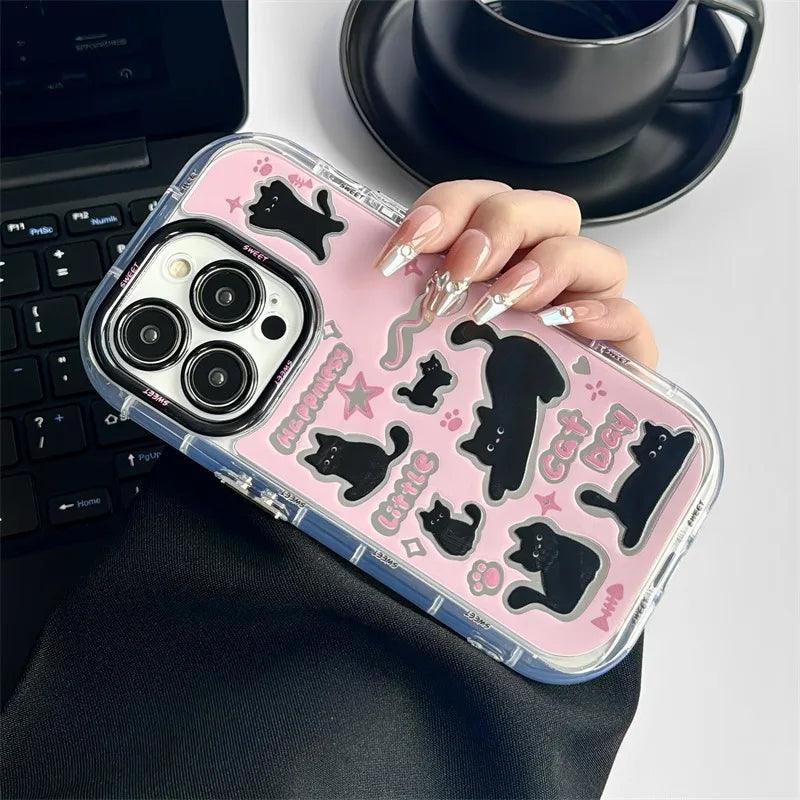 Cute Phone Cases for iPhone 15, 14, 13, 12, and 11 Pro Max - Black Cat - Acrylic Mirror - TSP280