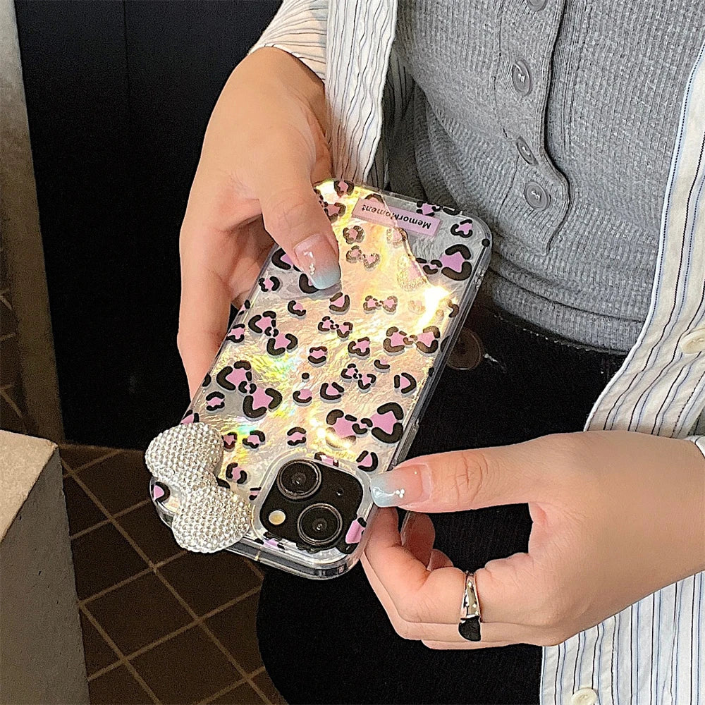 Cute Phone Cases: Stylish Leopard 3D Glitter Bow for iPhone 11-15 Pro Max - TSP317