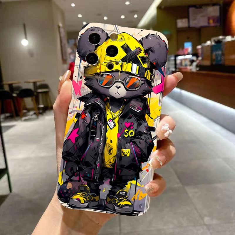 Cute Phone Cases For iPhone 16 15 14 13 12 11 Pro Max XS X XR 7 8 Plus SE 2020 - Bear Graphic Pattern - Soft Silicone Bumper Cover